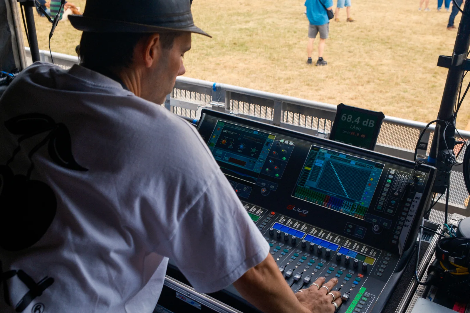 Visiting engineer operating a mixing console at We Out Here 2026.